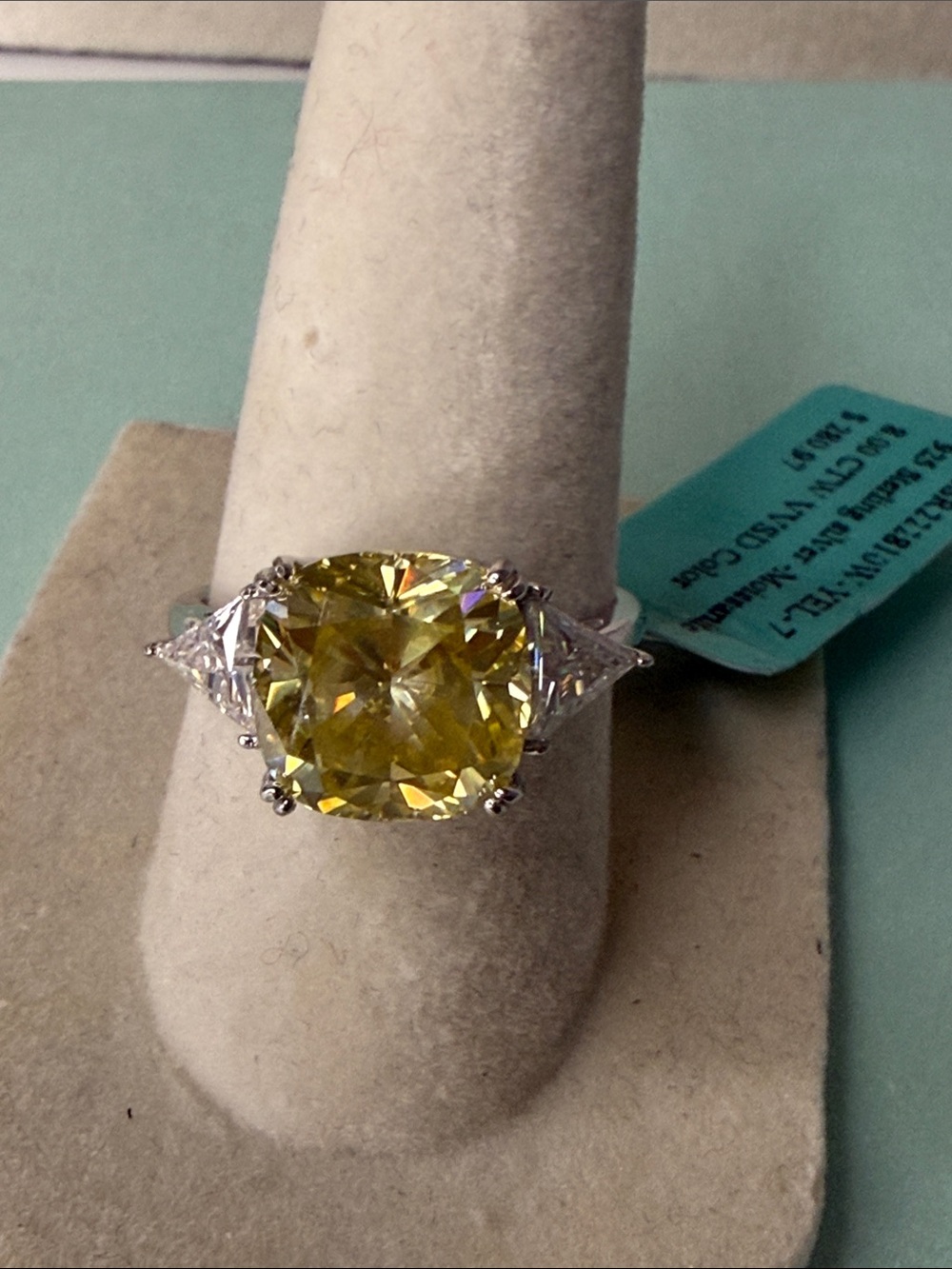 8 CTW Sterling Silver Yellow Cushion-Cut Tri Stone All Moissanite Ring MSRP $280